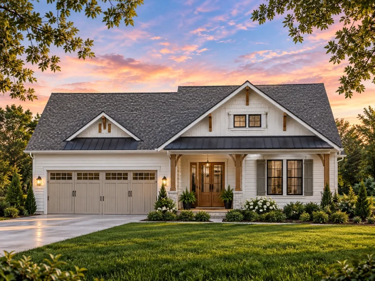 Front view of a Craftsman Cottage style home featuring board and batten siding, stone accents, and warm wood trim with a front-entry garage.