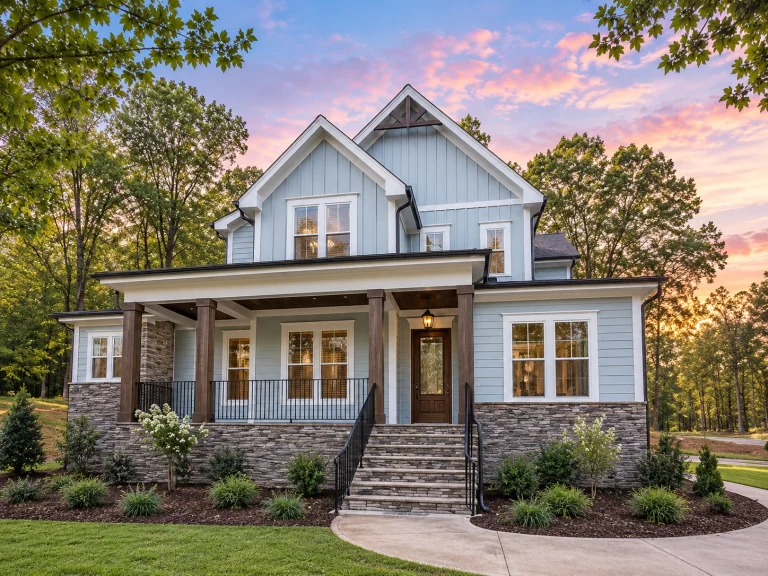 Conventional House Plans 7 Front elevation of a Modern Farmhouse Craftsman style home with board and batten siding, stone foundation, covered porch, and gabled rooflines