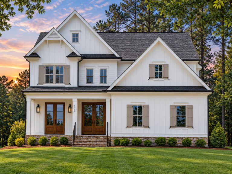 Front elevation of a Modern Farmhouse style home featuring board and batten siding, symmetrical gables, and covered front porch
