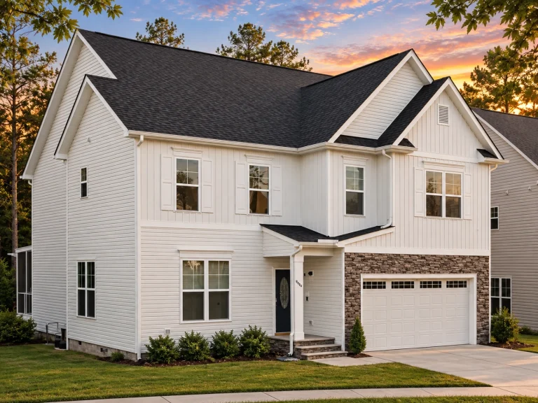 Conventional House Plans 13 Front exterior of a New American Modern Traditional two-story home with horizontal siding, stone accents, gabled rooflines, and attached two-car garage