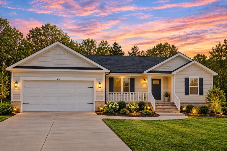 Front elevation of a Traditional Ranch Craftsman style home featuring blue horizontal siding, board and batten gables, white trim, and a brick foundation base with a front-entry garage
