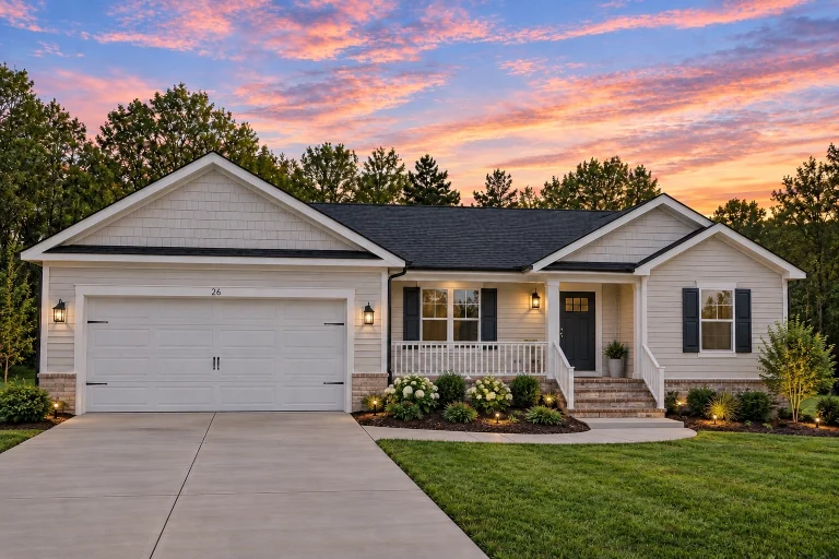 Front elevation of a Traditional Ranch Craftsman style home featuring blue horizontal siding, board and batten gables, white trim, and a brick foundation base with a front-entry garage