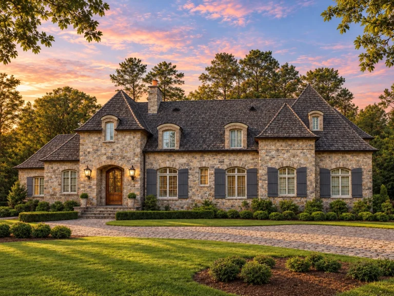 Front elevation of a French Country style luxury home featuring natural stone exterior, steep hip roof, symmetrical windows, and refined European detailing