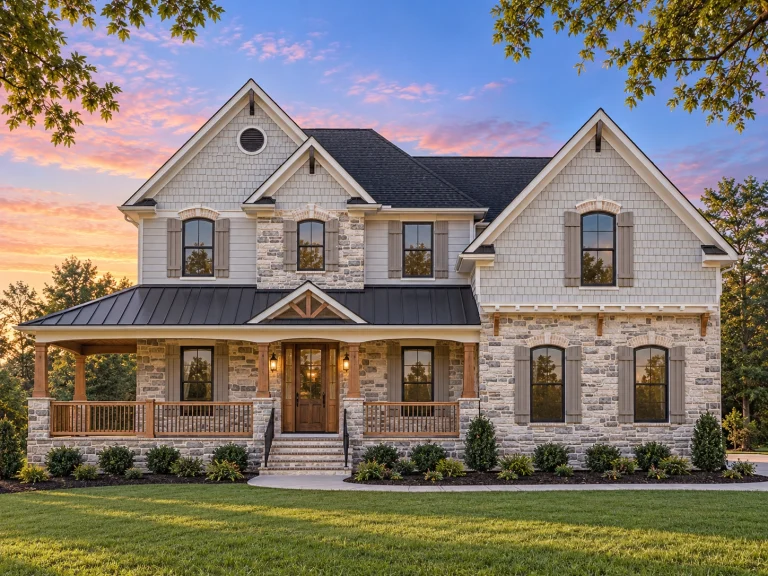Front elevation of a Traditional New American Colonial style home featuring stone veneer, horizontal siding, black shutters, and a covered front porch