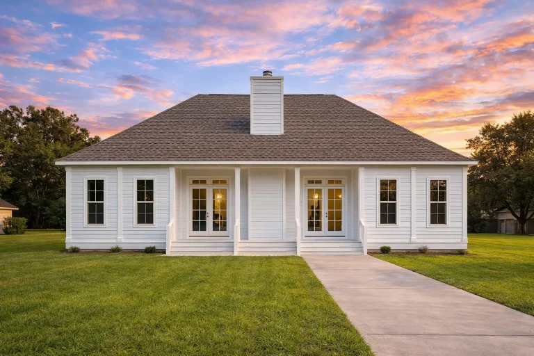 Front elevation of a Classical Southern Farmhouse with lap siding, wide porch, brick chimney, and traditional symmetrical façade
