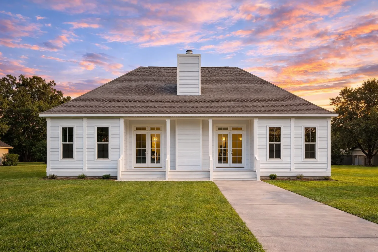 House Plans with Eating Bar 9 Front elevation of a Classical Southern Farmhouse with lap siding, wide porch, brick chimney, and traditional symmetrical façade