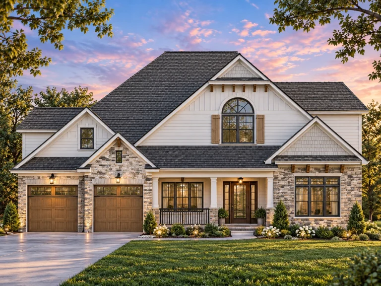 Front elevation of a Traditional Craftsman style home featuring stone and horizontal lap siding with arched window and dual front-entry garage