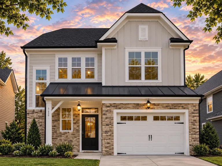 3 Bedroom House Plans 3 Front view of a Modern Farmhouse style home featuring board and batten siding, stone accents, and a one-car garage with dark wood doors.