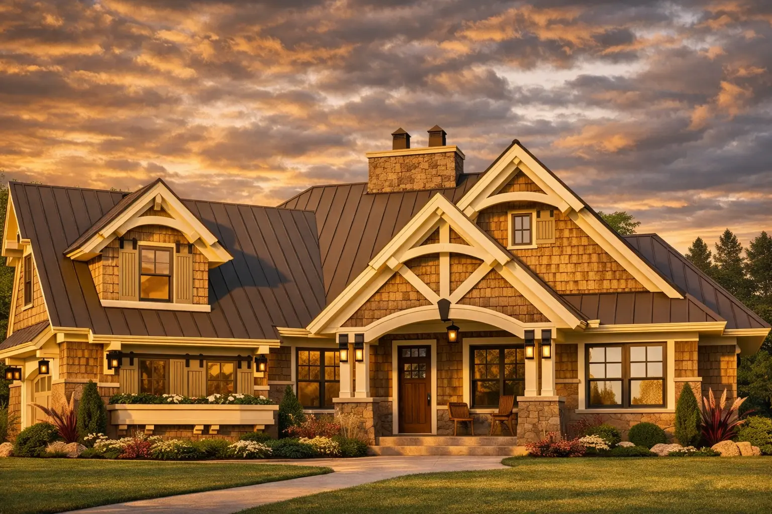 Front elevation of a Craftsman Shingle Style house featuring cedar shingle siding, stone accents, gabled rooflines, and a covered porch
