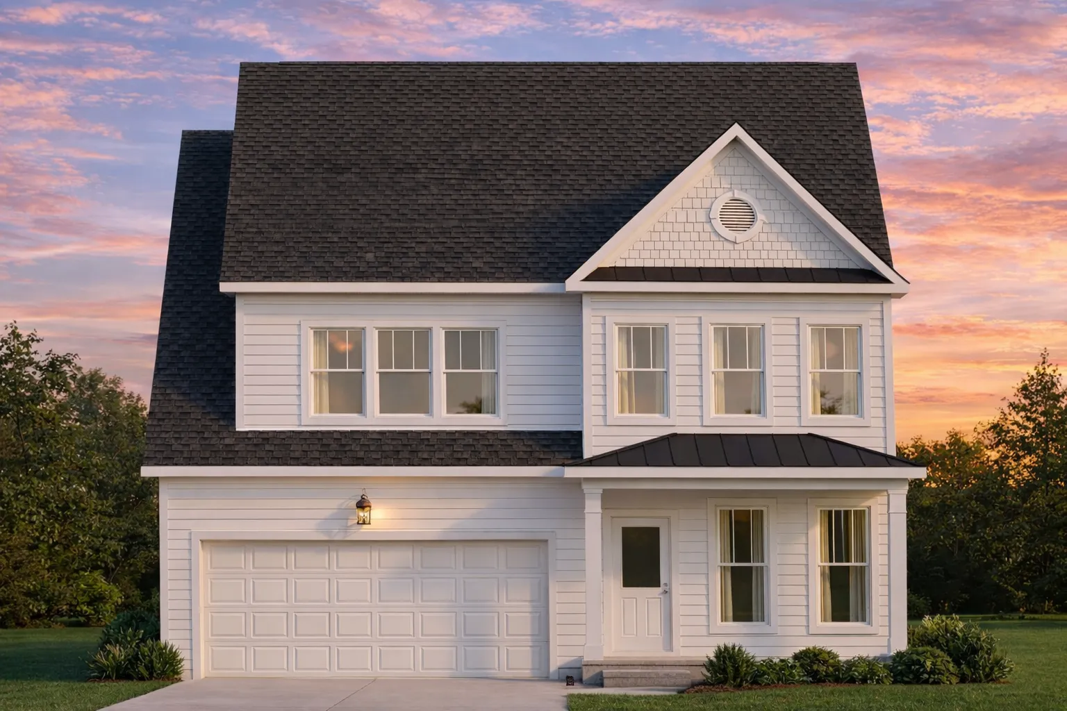 Front elevation of a two-story Modern Farmhouse with board and batten siding, dark roof, stone foundation base, and black-trimmed windows