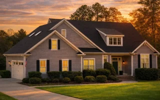 Front exterior view of a Shingle Style coastal traditional home with cedar shingle siding, Cape Cod rooflines, dormer windows, and a welcoming covered entry