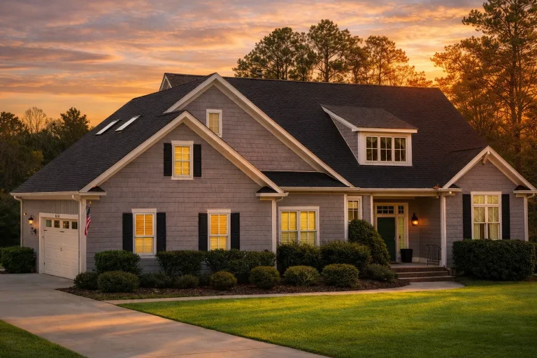 Front exterior view of a Shingle Style coastal traditional home with cedar shingle siding, Cape Cod rooflines, dormer windows, and a welcoming covered entry