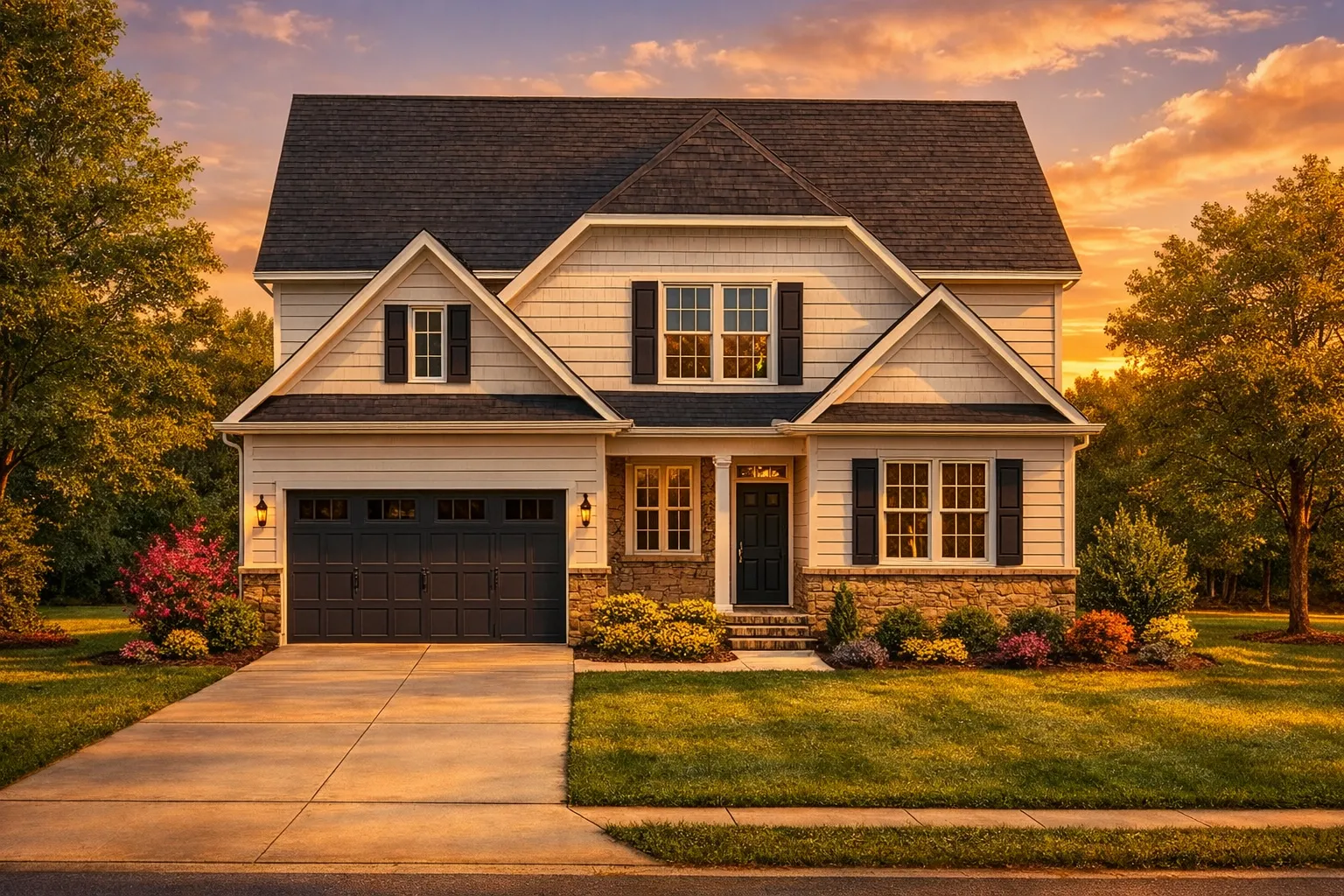 6 Bedroom House Plans 25 Front elevation of a New American modern traditional home featuring horizontal siding, stone accents, gabled rooflines, and an attached two-car garage