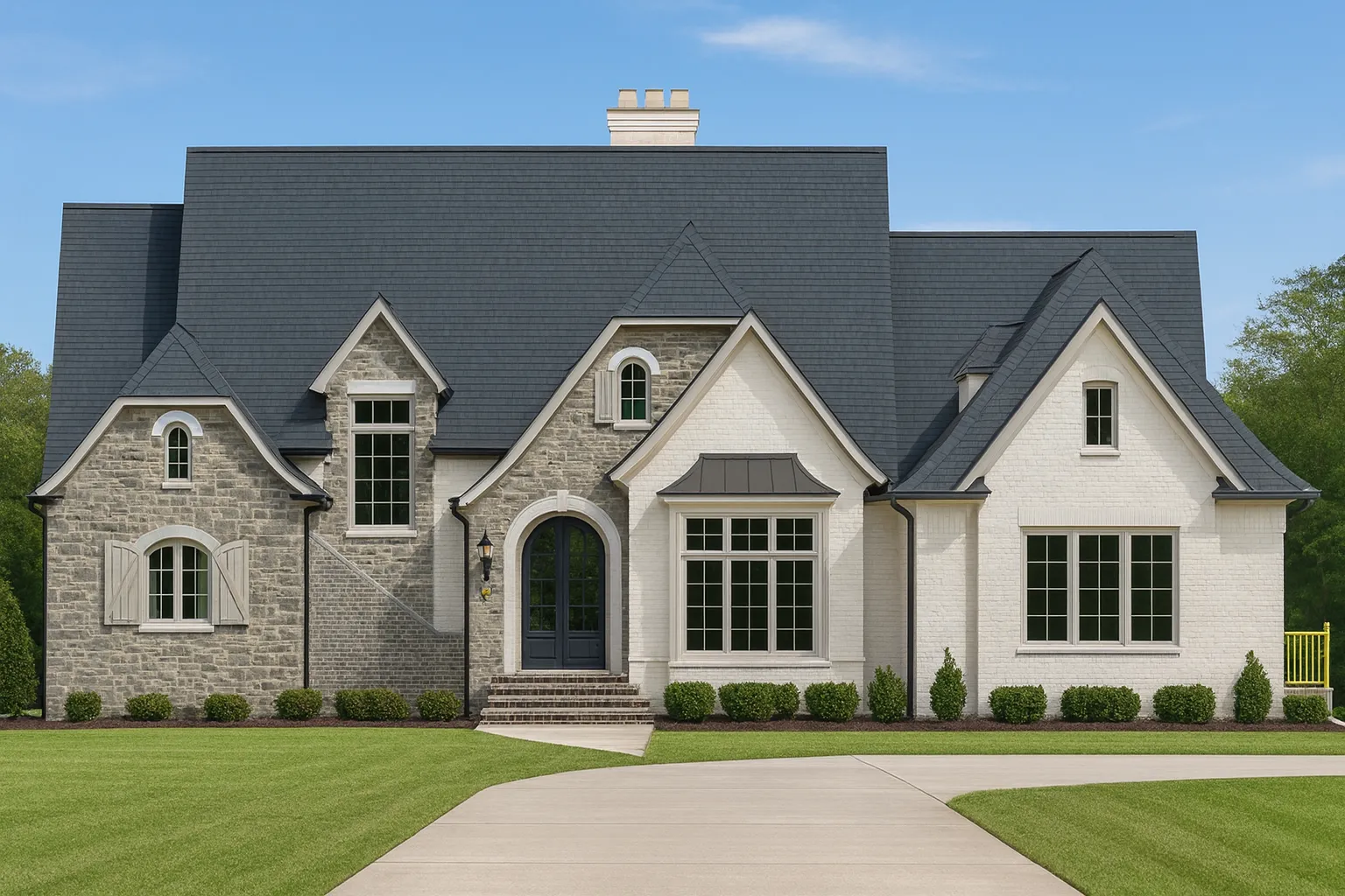 Front elevation of a French Country European home featuring mixed stone and painted brick exterior, steep rooflines, and arched entryway