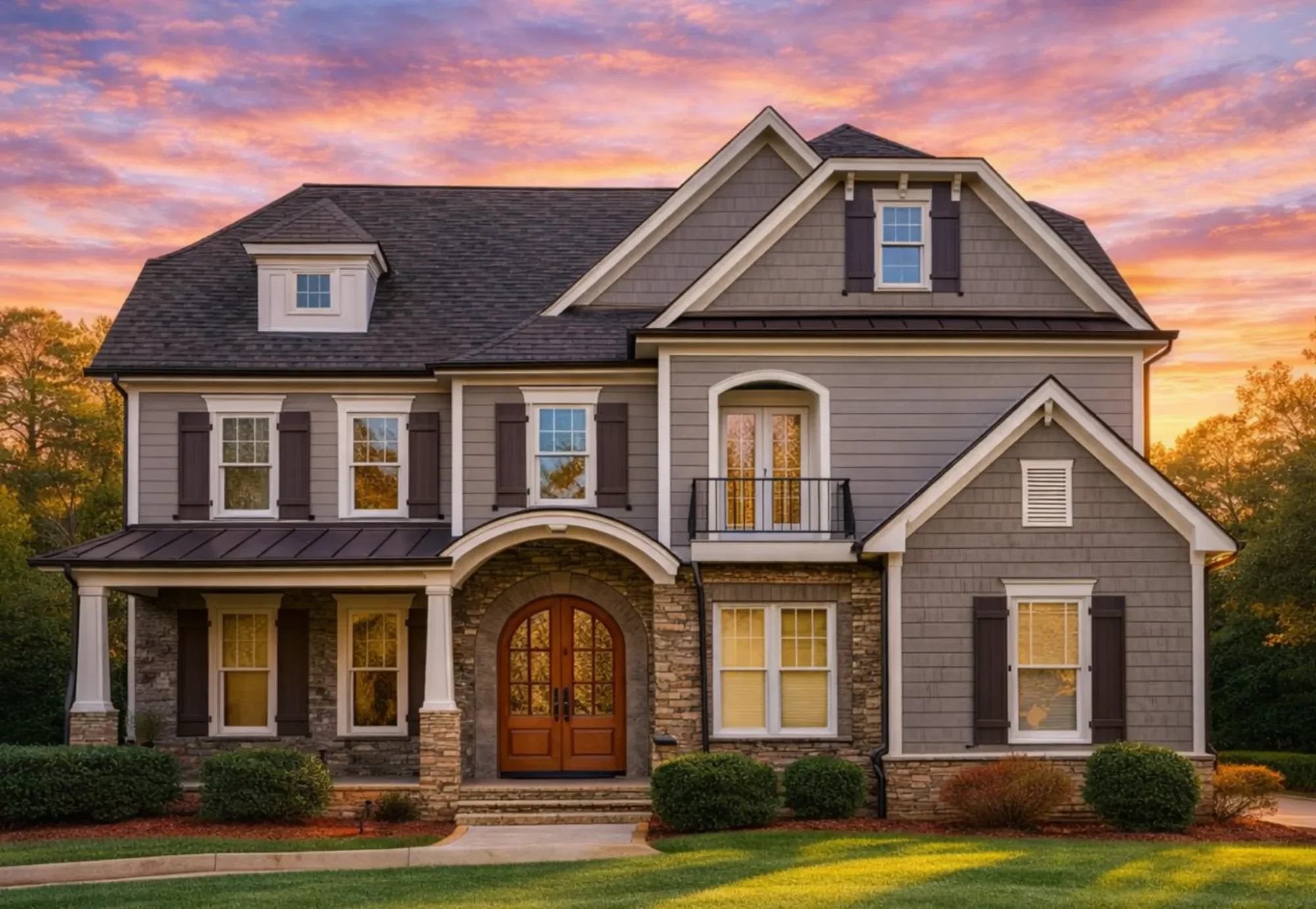 Front elevation of a Traditional Colonial style home with brick exterior, lap siding, arched entry door, and balanced window symmetry