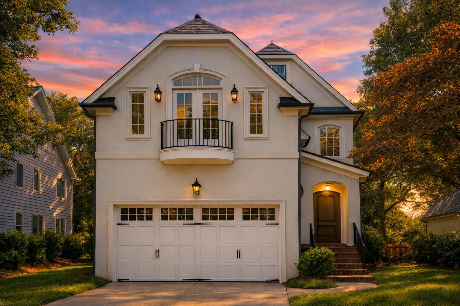 Front exterior view of a New American style carriage house with smooth stucco exterior, arched windows, Juliet balcony, and traditional suburban detailing