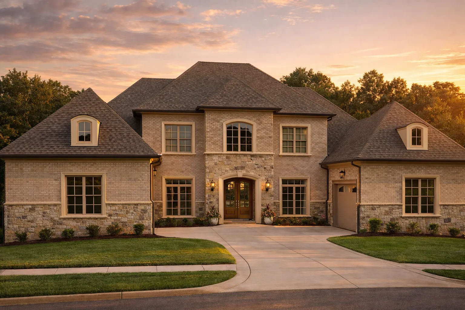 Front elevation of a French Country style home with brick exterior, stone accents, arched windows, and symmetrical European design