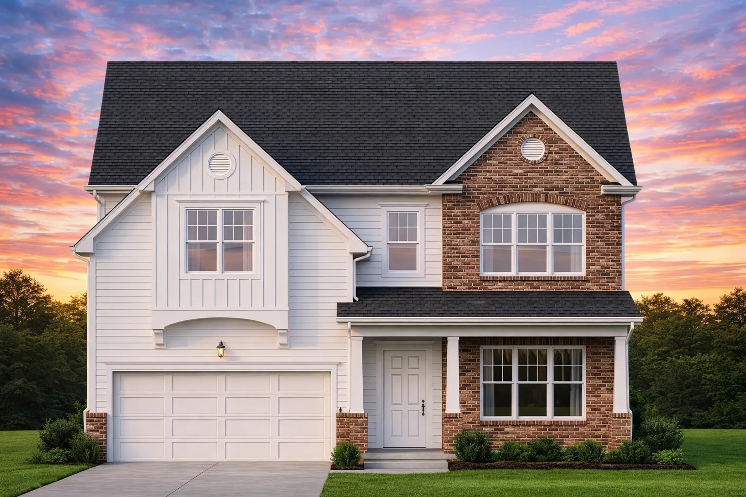 Front elevation of a New American style two-story house featuring brick veneer, horizontal siding, symmetrical windows, and an attached garage