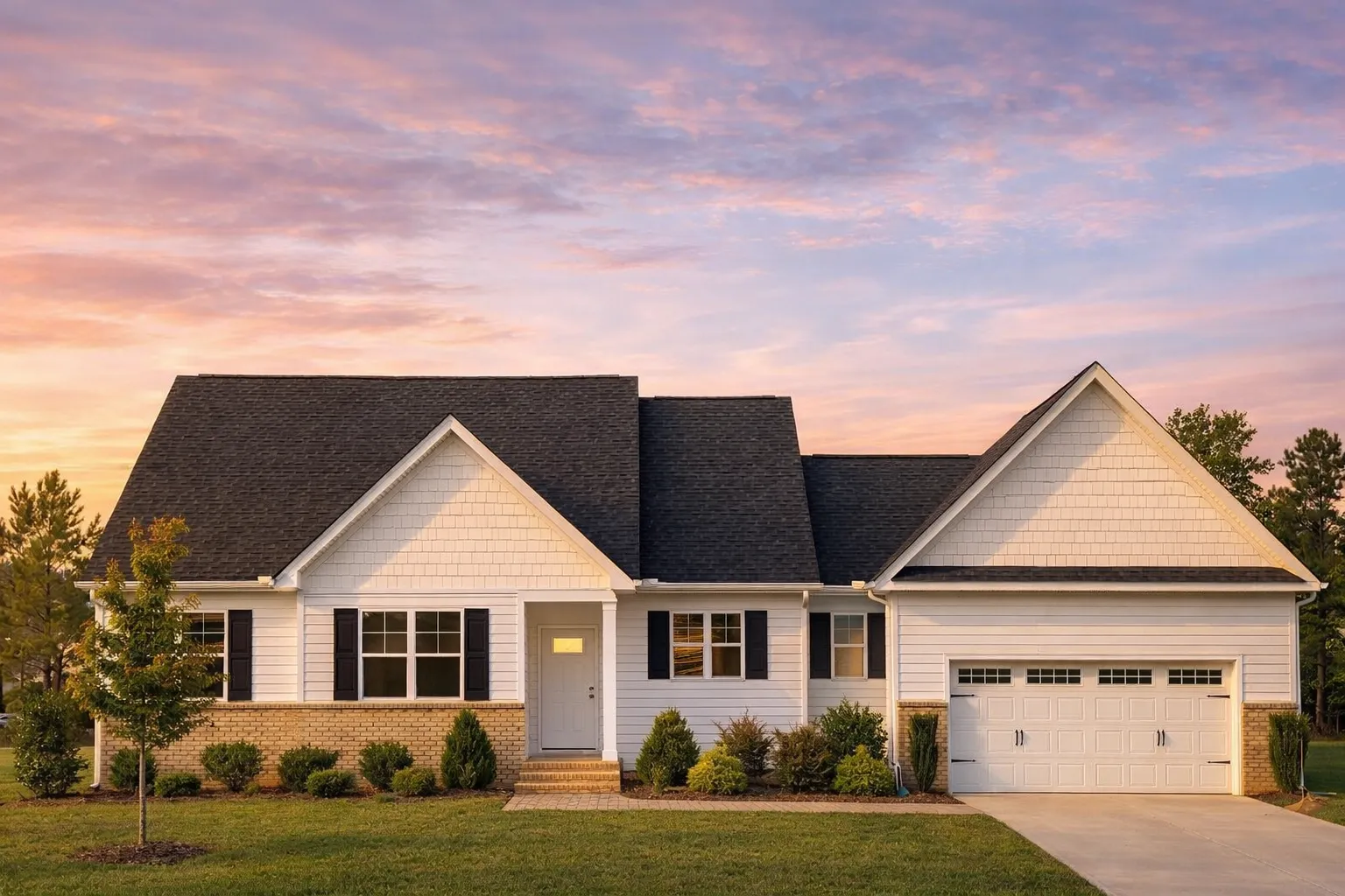 Front elevation of a Traditional Ranch style home featuring vinyl siding, shingle gable accents, black shutters, and a two-car garage