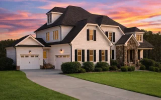 Front elevation of a New American modern traditional house featuring brick and stone exterior, steep gabled rooflines, and symmetrical windows