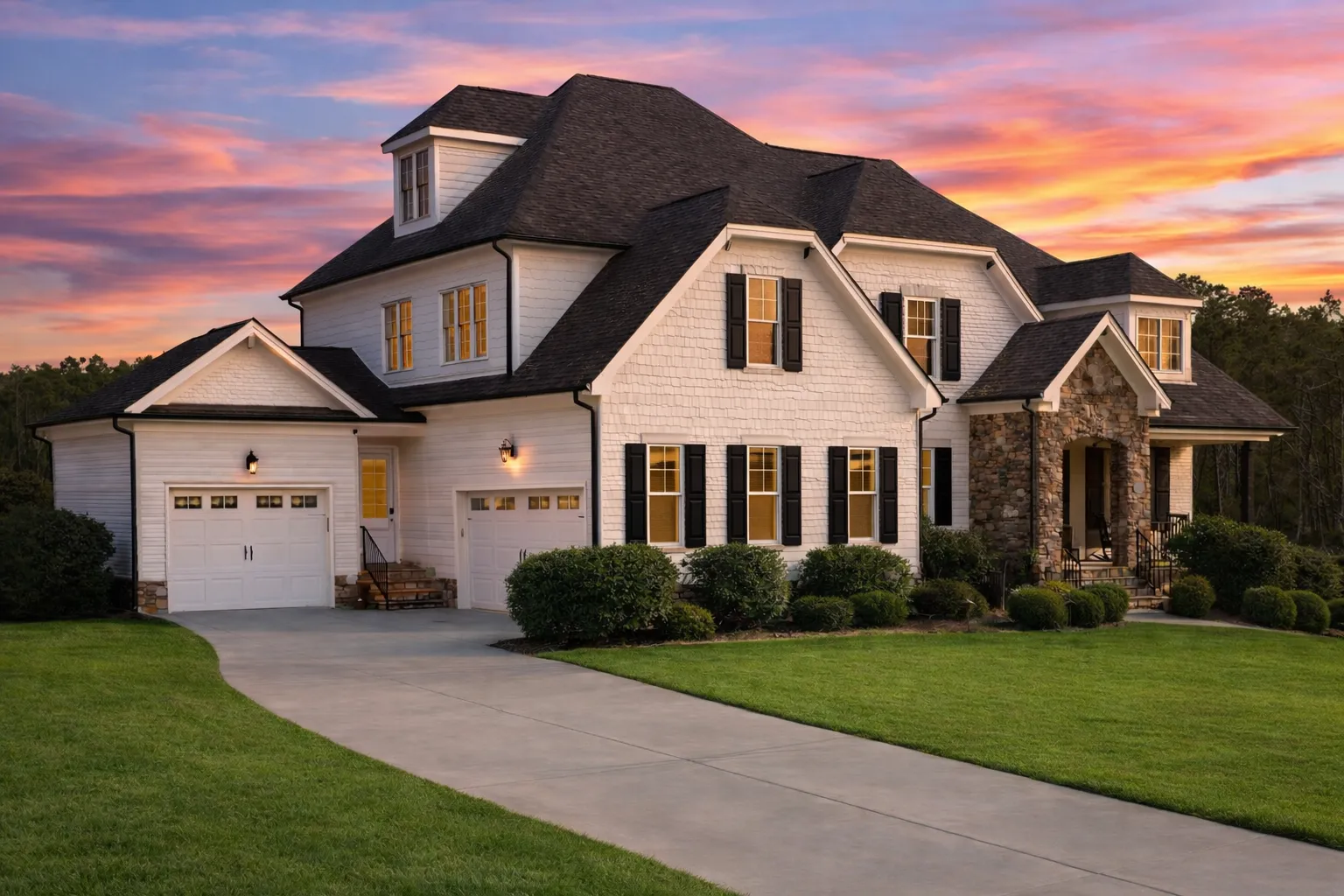 Front elevation of a New American modern traditional house featuring brick and stone exterior, steep gabled rooflines, and symmetrical windows