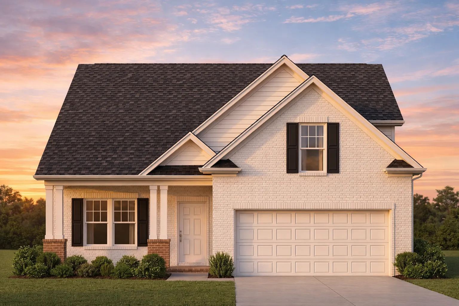 Front elevation of a Traditional Suburban ranch-style home featuring full brick exterior, gabled roof, covered porch, and two-car garage