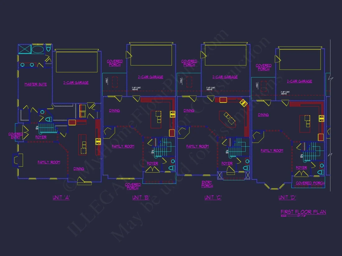 7-Unit Townhome Floor Plan with Vaulted Ceilings and CAD Designs