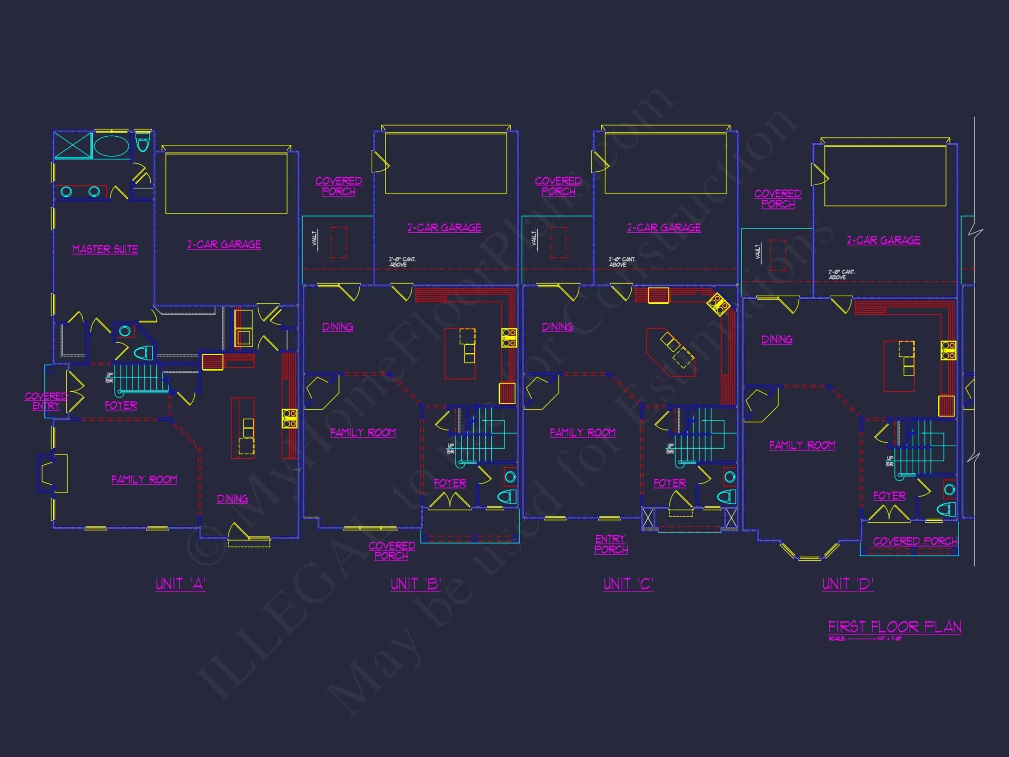 7-Unit Townhome Floor Plan with Vaulted Ceilings and CAD Designs
