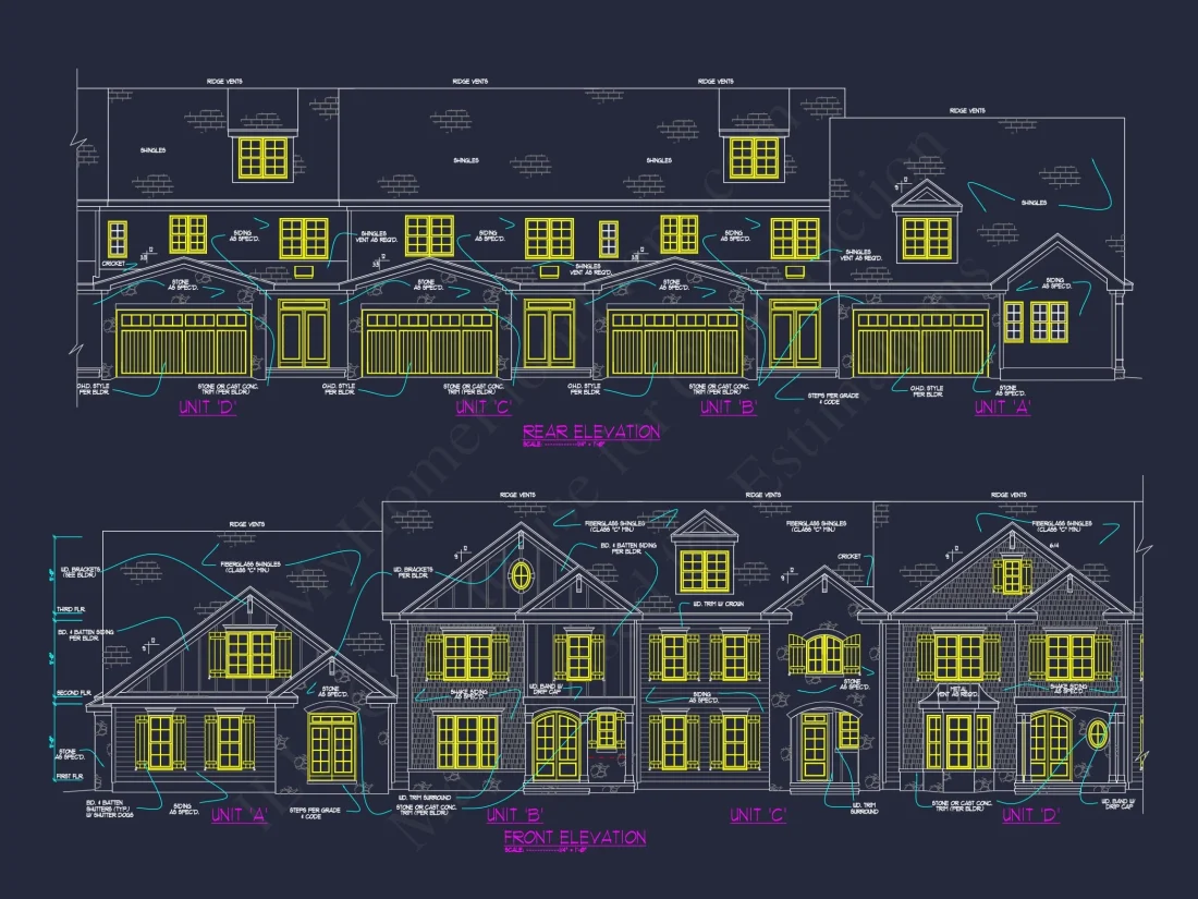 7-Unit Townhome Floor Plan with Vaulted Ceilings and CAD Designs