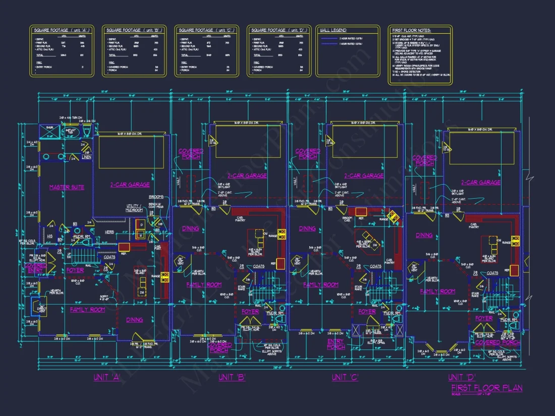 7-Unit Townhome Floor Plan with Vaulted Ceilings and CAD Designs