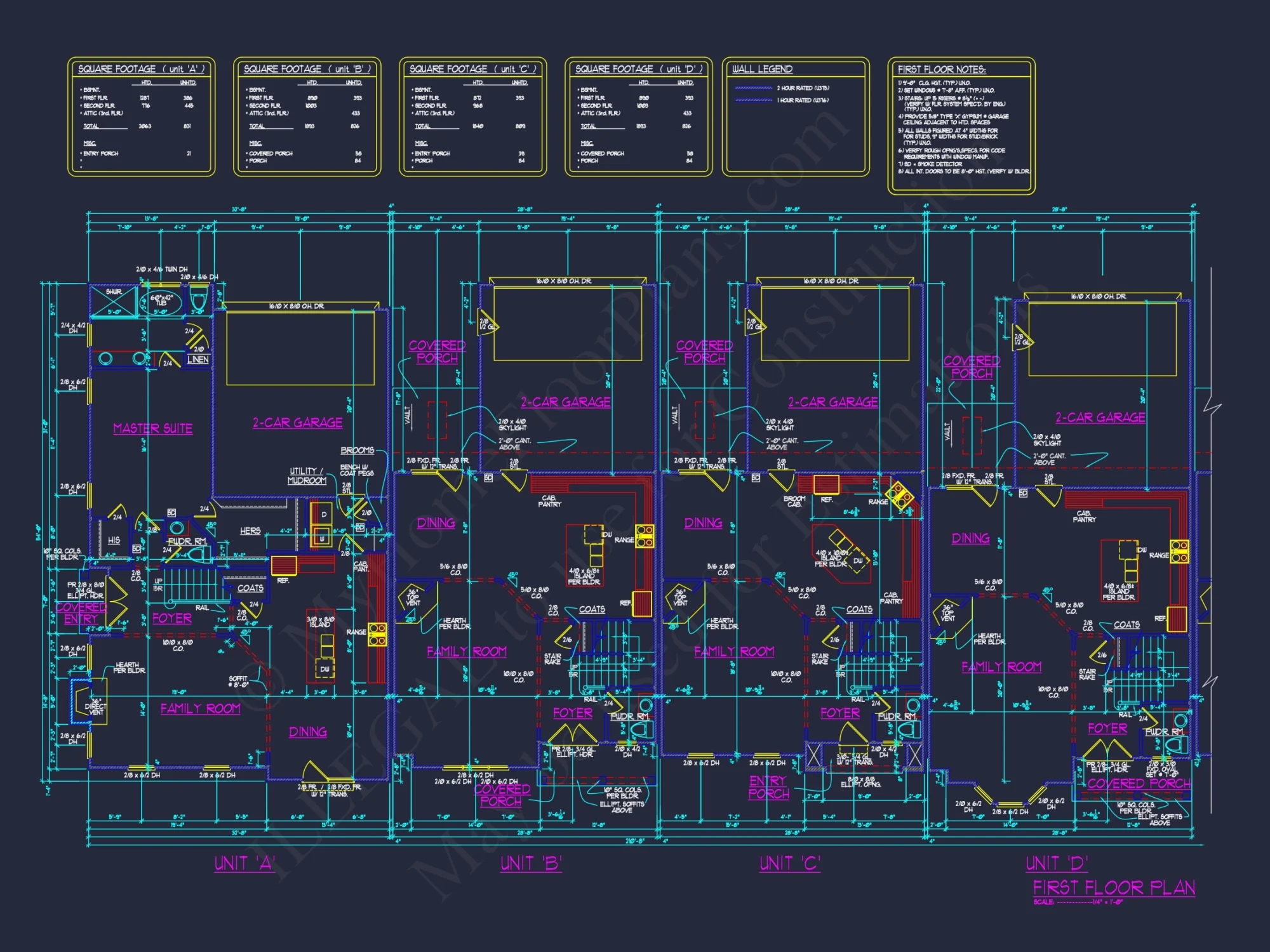 7-Unit Townhome Floor Plan with Vaulted Ceilings and CAD Designs