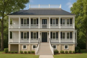 Front view of a Charleston Colonial style home featuring double stacked porches, classic white siding, and a raised foundation with graceful central staircase.