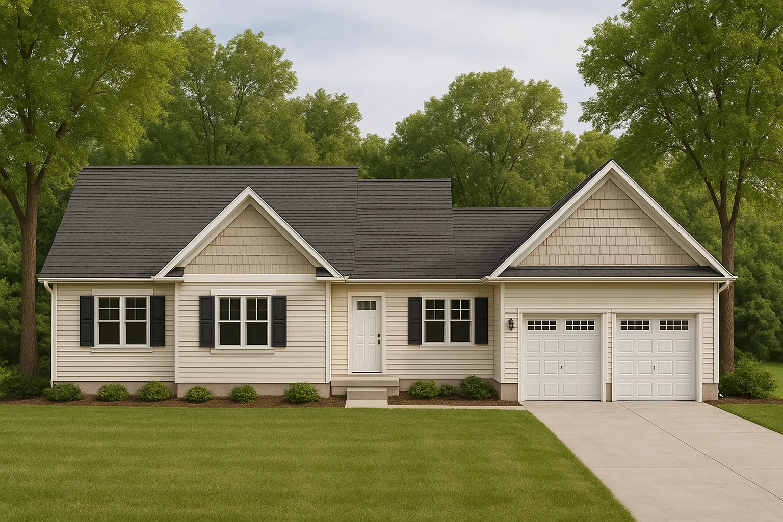 Front view of a Traditional Ranch style home with beige siding, shingle gable accents, and attached two-car garage