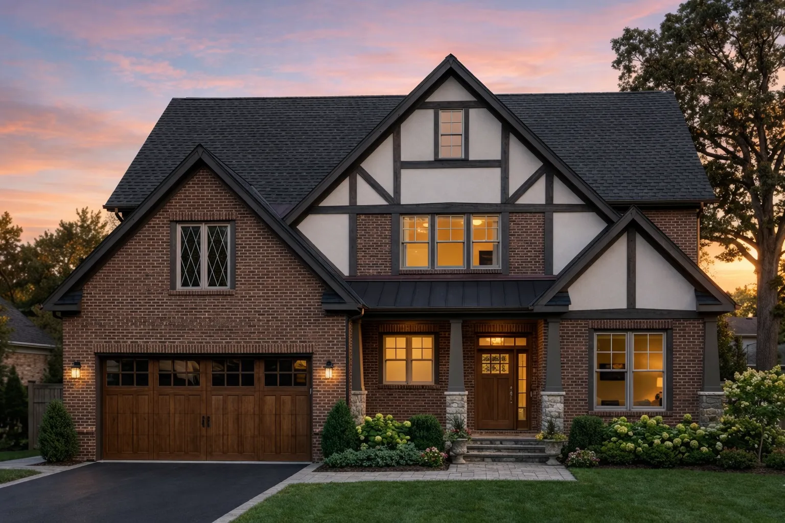 Front elevation of a New American modern traditional home featuring horizontal siding, stone accents, gabled rooflines, and an attached two-car garage