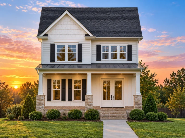 Classic Two-Story Colonial Home Exterior with Symmetrical Front Elevation