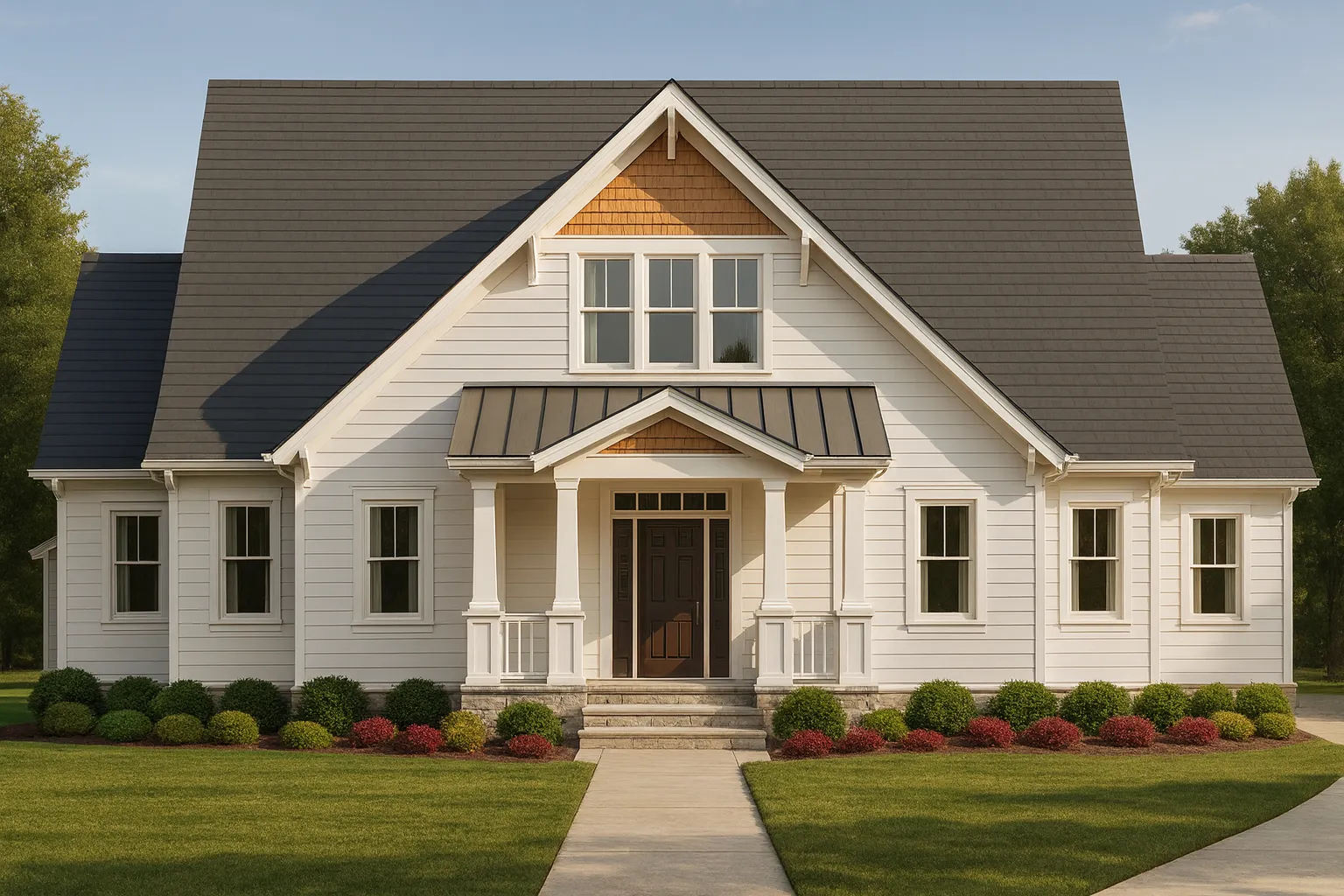 Front elevation of a Modern Farmhouse with horizontal lap siding, shingle accents, covered porch, and gabled roofline