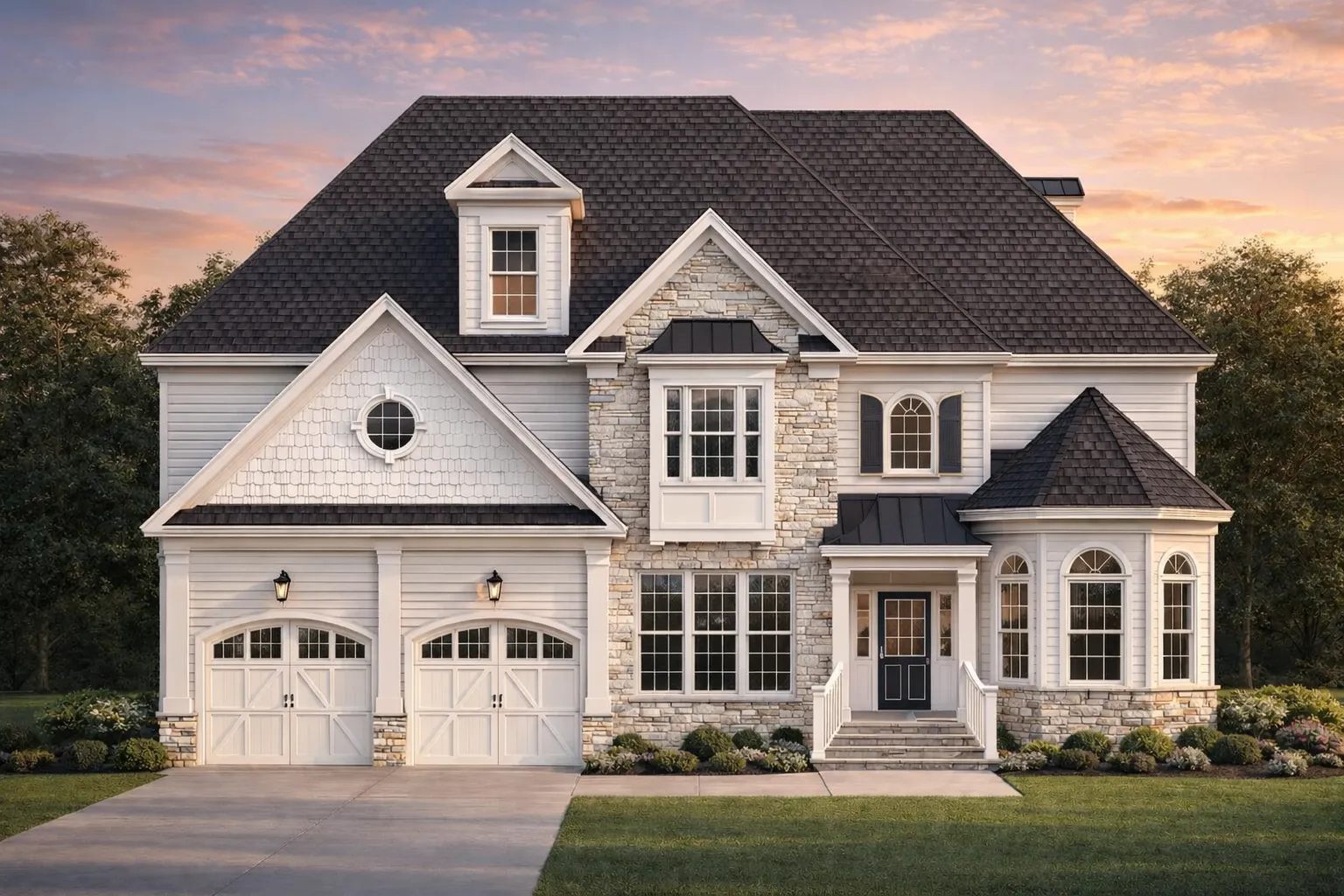 Front elevation of Traditional Colonial style home with horizontal lap siding, gable shingle accents, stone veneer base, and double garage