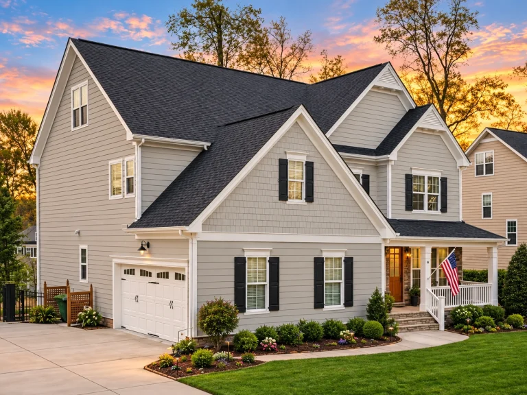 Cottage House Plans 5 Front exterior view of a New American modern traditional home featuring horizontal siding, stone-accented garage, covered porch, and classic suburban curb appeal