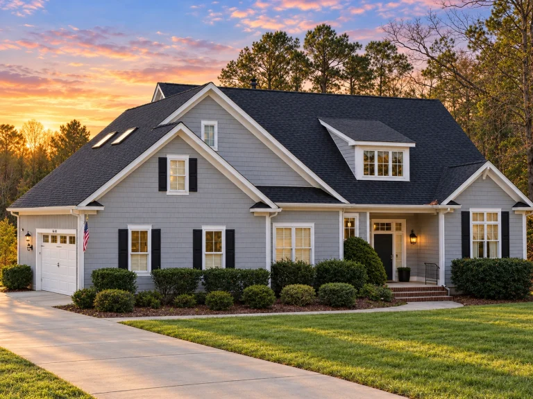Cottage House Plans 2 Front exterior view of a Shingle Style coastal traditional home with cedar shingle siding, Cape Cod rooflines, dormer windows, and a welcoming covered entry