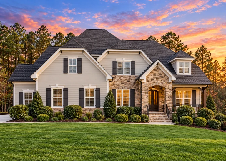 Front elevation of a New American modern traditional house featuring brick and stone exterior, steep gabled rooflines, and symmetrical windows