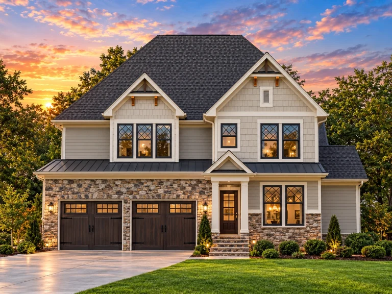 Front elevation of a Modern Traditional farmhouse style home with board and batten siding, stone accents, black shutters, and a symmetrical two-story design