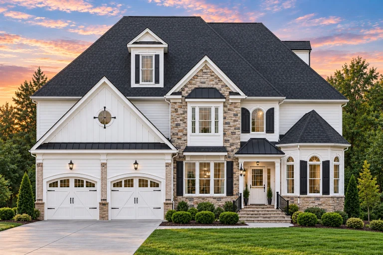 Front elevation of Traditional Colonial style home with horizontal lap siding, gable shingle accents, stone veneer base, and double garage