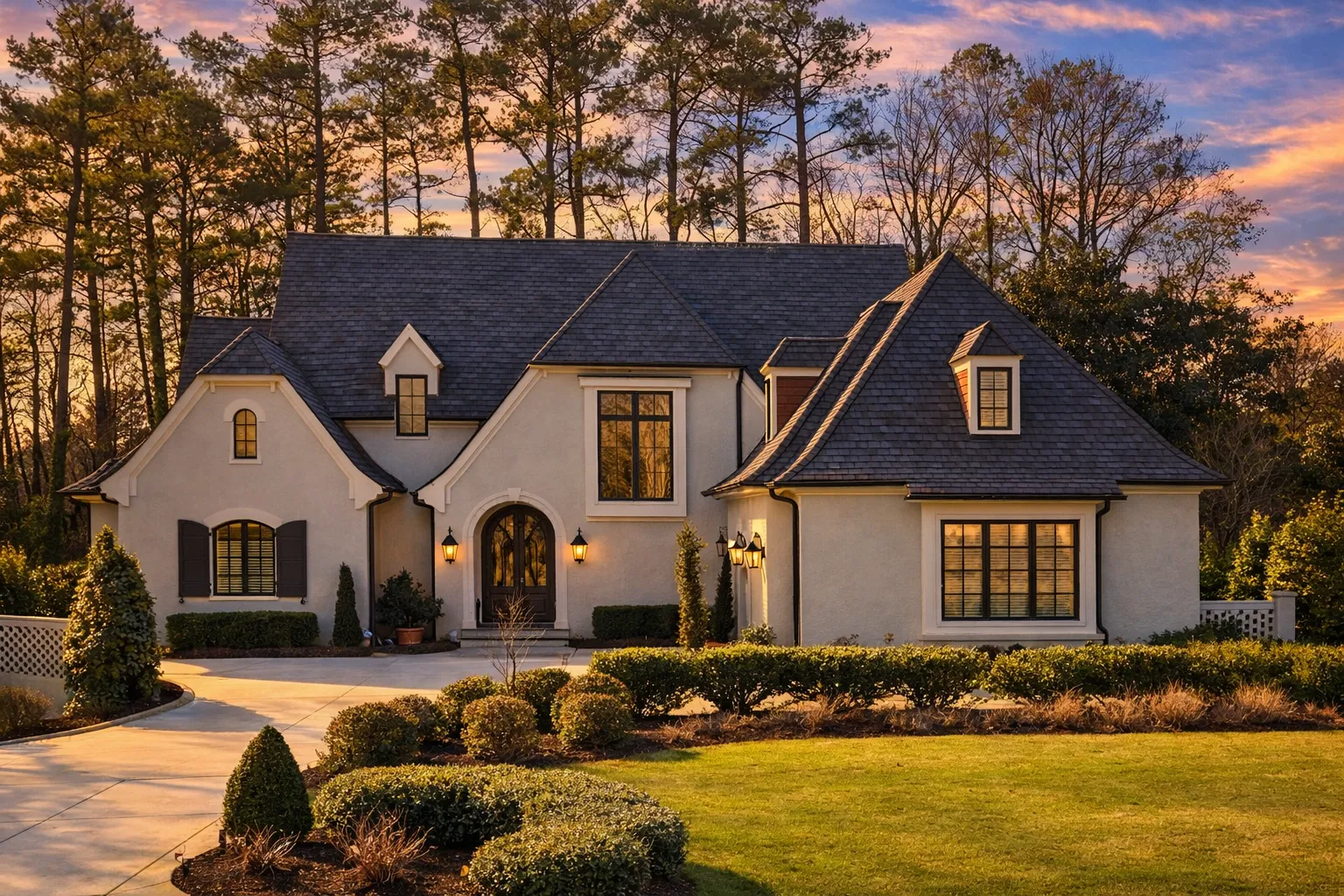 Front elevation of a New American Modern Traditional home with French Country influence, featuring stone masonry, painted brick, steep gables, and symmetrical windows