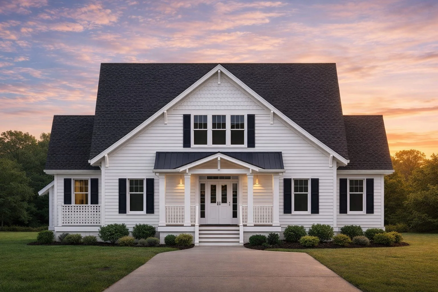 Front elevation of a Modern Farmhouse with horizontal lap siding, shingle accents, covered porch, and gabled roofline