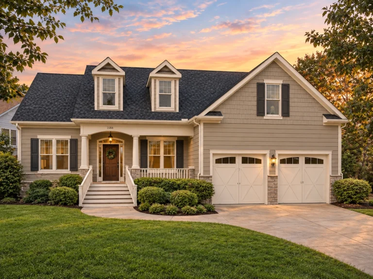 Front elevation of a modern farmhouse style home with horizontal siding, black garage doors, covered porch, and symmetrical rooflines