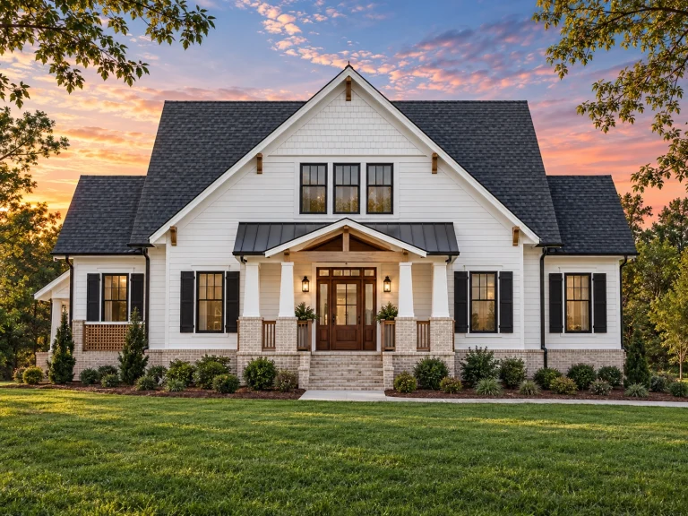 Tudor House Plans 5 Front elevation of a Modern Farmhouse with horizontal lap siding, shingle accents, covered porch, and gabled roofline
