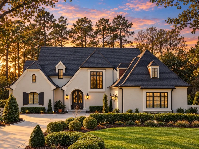 Front elevation of a New American Modern Traditional home with French Country influence, featuring stone masonry, painted brick, steep gables, and symmetrical windows