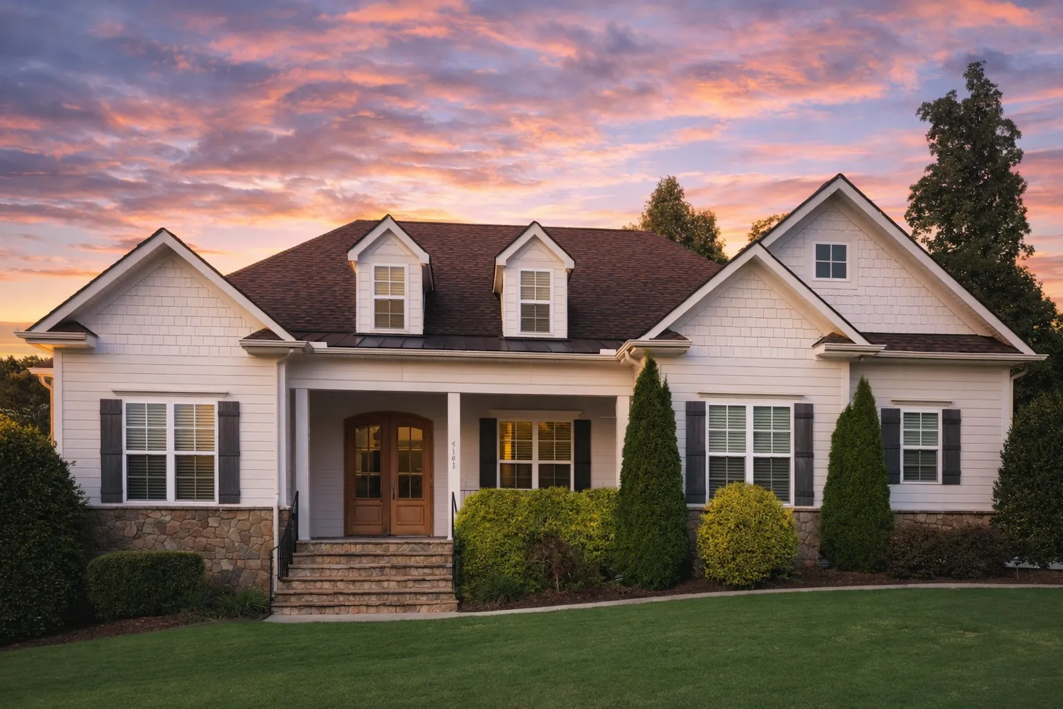 Front elevation of a Traditional Colonial Cape Cod style home with brick exterior, symmetrical windows, dormers, and covered entry porch