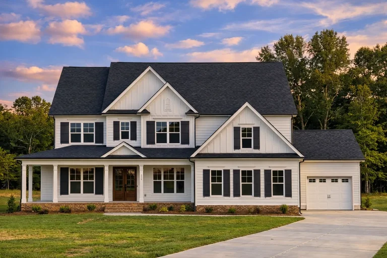Front elevation of a Traditional Colonial style home with horizontal siding, brick accents, symmetrical windows, and a covered front porch