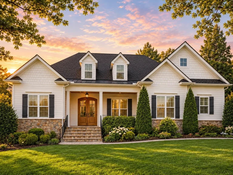 Front elevation of a Traditional Colonial Cape Cod style home with brick exterior, symmetrical windows, dormers, and covered entry porch